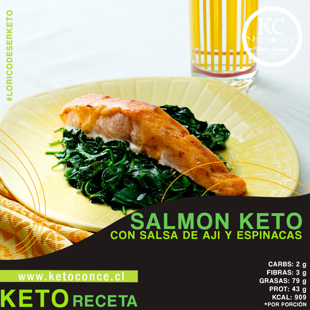 Salmón keto con salsa de aji y espinacas
